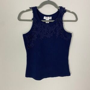 Caroline Constas Navy Blue Ribbed Floral Lace Appliqué Tank Top Crochet Womens S